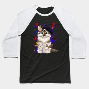 Artist cat - kitty in a beret with paintbrush Baseball T-Shirt